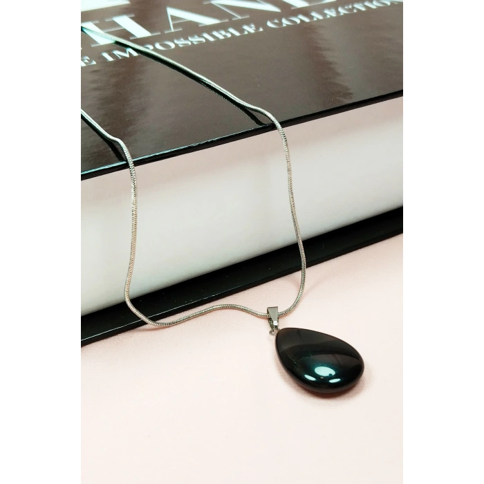 Onix Kuvars Doğal Taşı Zincirli El Yapımı Kolye Uç: 2 Cm Zincir: 20 Cm Kutulu