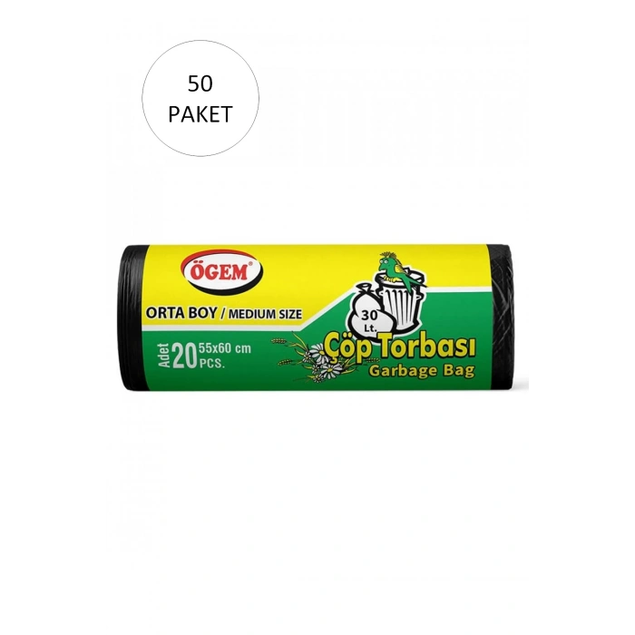 Orta Boy Çöp Torbası 55 X 60 Cm 20 Li Rulo X 50 Paket = 1.000 Adet (siyah)