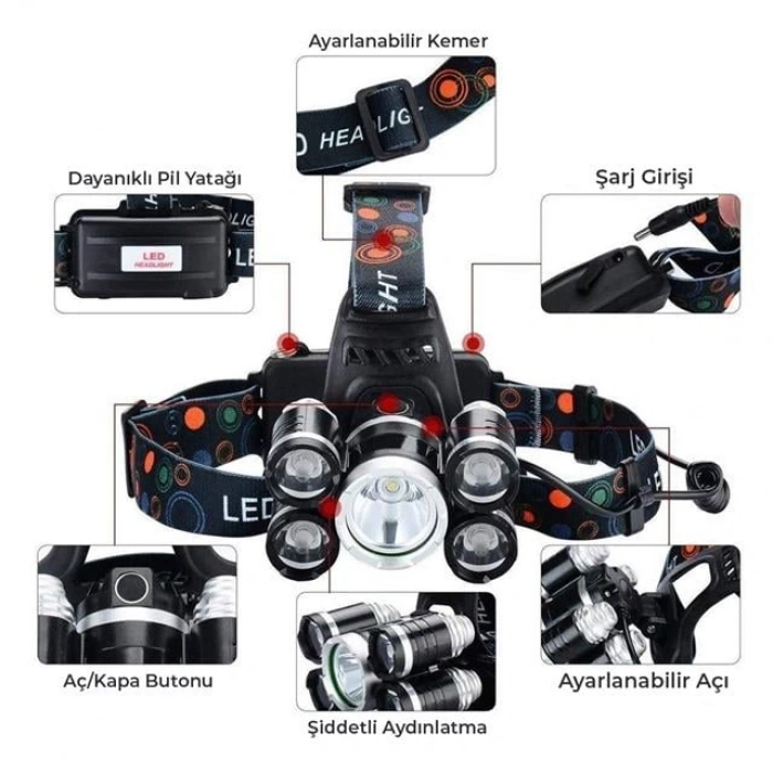 PowerMaster MX-501 5 Power Ledli Su Geçirmez 18650 Pilli Şarj Edilebilir Kafa Feneri