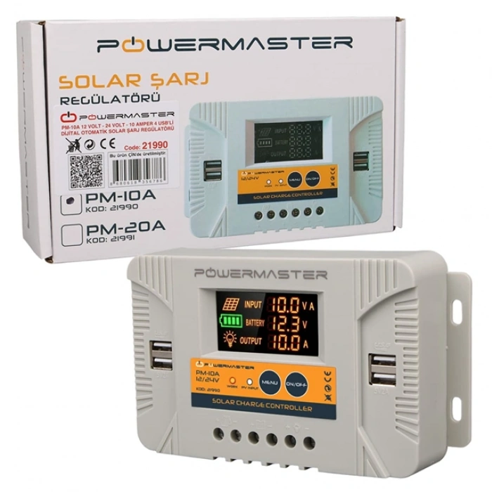Powermaster PM-10A 12V-24V 10A 4 Usbli Dijital Otomatik Solar Şarj Regülatörü