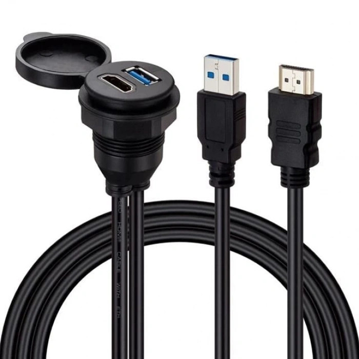 Powermaster PM-12428 USB 3.0 + HDMI 2 Metre Uzatma Kablolu Araç Kontrol Paneli (Gömme Montaj)