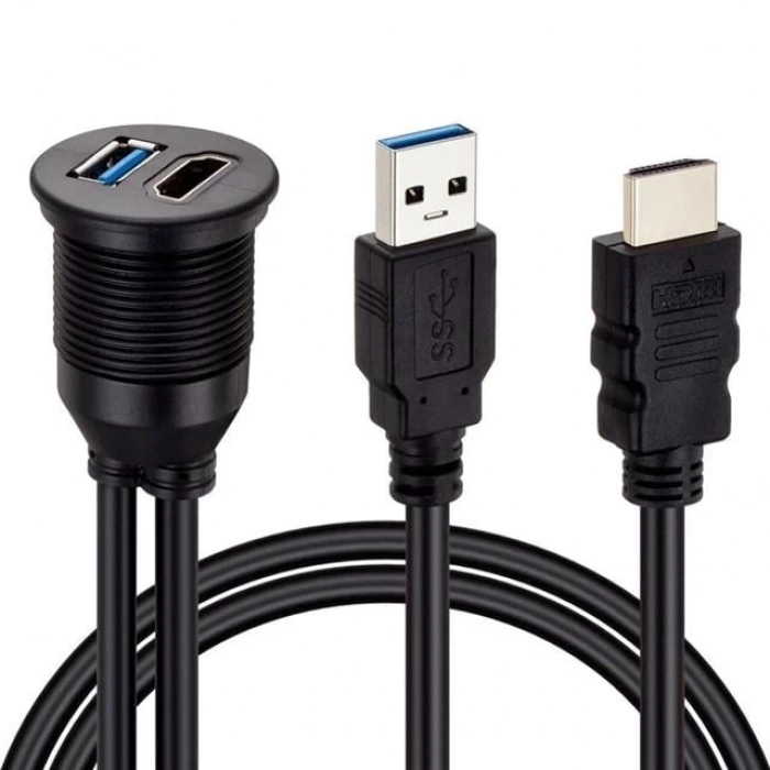 Powermaster PM-12428 USB 3.0 + HDMI 2 Metre Uzatma Kablolu Araç Kontrol Paneli (Gömme Montaj)