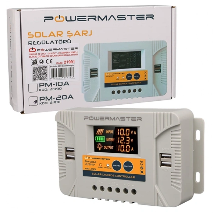 Powermaster PM-20A 12V-24V 20A 4 Usbli Dijital Otomatik Solar Şarj Regülatörü