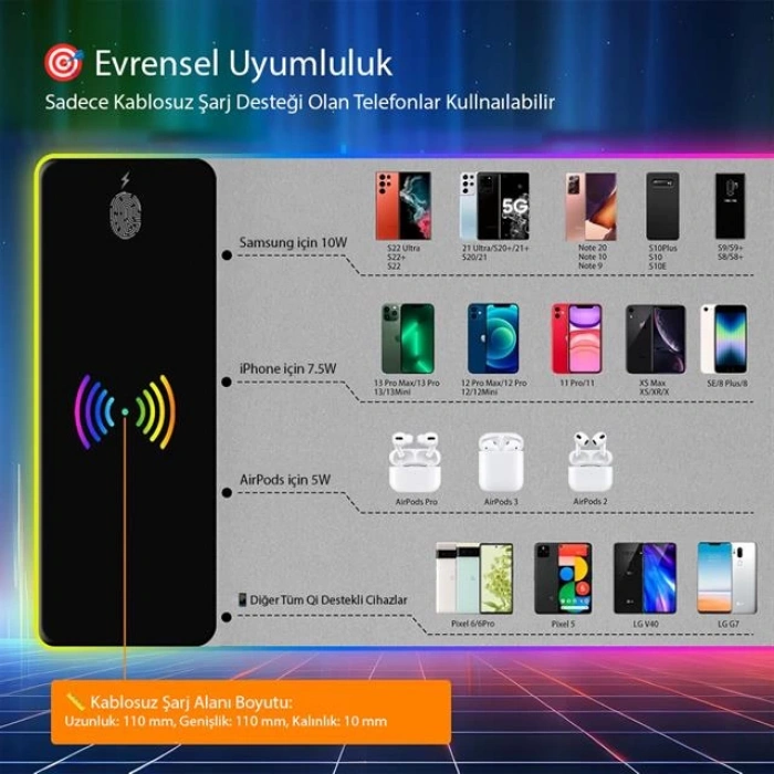 PowerMaster PM-25115 XL RGB Gaming Mouse Pad Wireless Telefon Şarj Destekli 14 Modlu