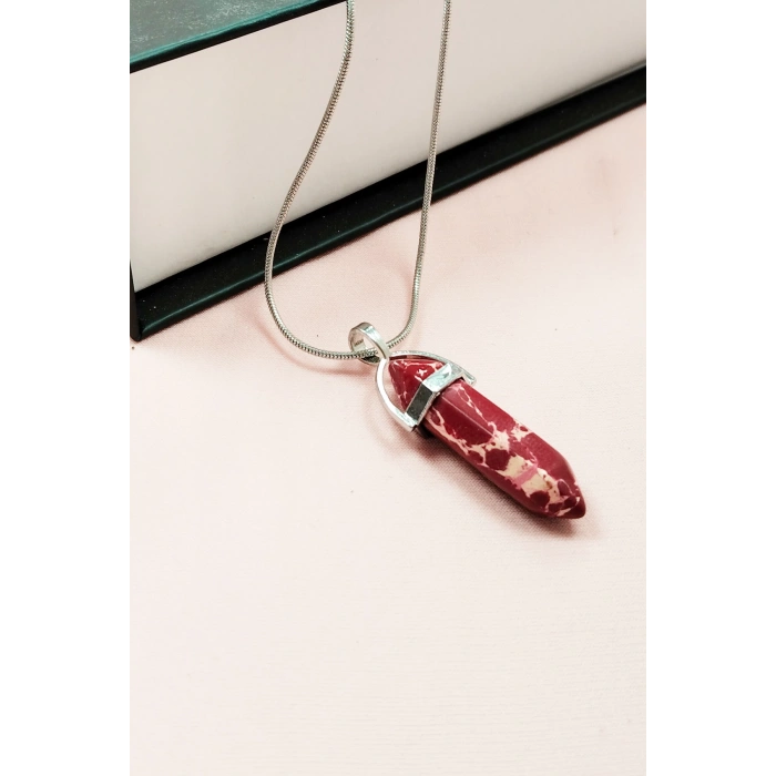 Rodokrozit Doğal Taşı Zincirli El Yapımı Tasarımlı Kolye Uç: 3,5 Cm Zincir: 20 Cm Kutulu