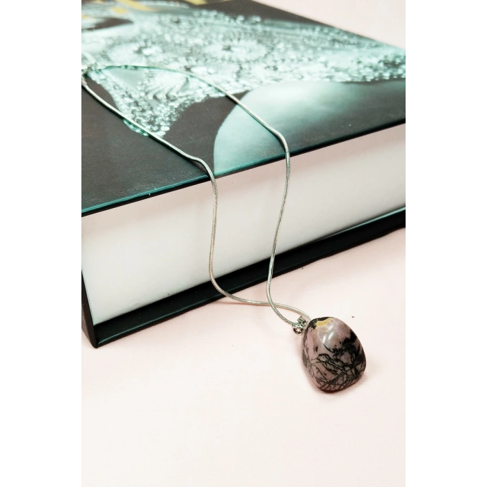 Rodonit Doğal Taşı Zincirli El Yapımı Kolye Uç: 2 Cm Zincir: 20 Cm Kutulu