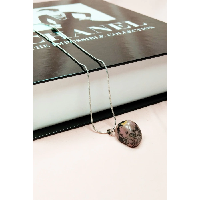 Rodonit Doğal Taşı Zincirli El Yapımı Kolye Uç: 2 Cm Zincir: 20 Cm Kutulu