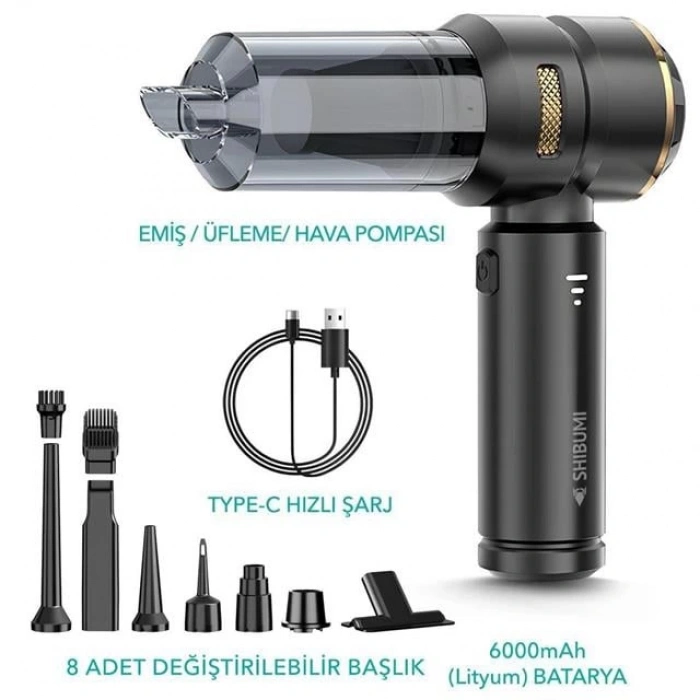 Shibumi Tornada 100 Watt 6000mAh 16000pa Çekiş Gücü 8 Adet Başlıklı Şarjlı Güçlü Üfleme Araç İçi Süpürge