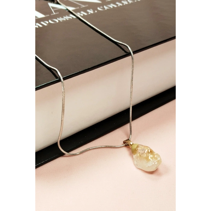 Sitrin Doğal Taşı Zincirli El Yapımı Kolye Uç: 2 Cm Zincir: 20 Cm Kutulu