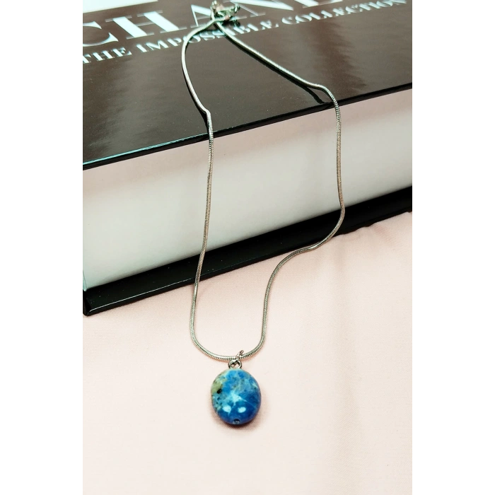 Sodalit Doğal Taşı Zincirli El Yapımı Kolye Uç: 1,5 Cm Zincir: 20 Cm Kutulu