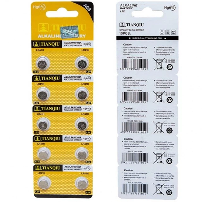 Tianqiu AG3 LR41 Alkalin Saat Pili 10lu Paket