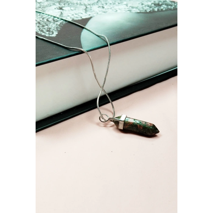 Unakit Doğal Taşı Zincirli El Yapımı Tasarımlı Kolye Uç: 3,5 Cm Zincir: 20 Cm Kutulu