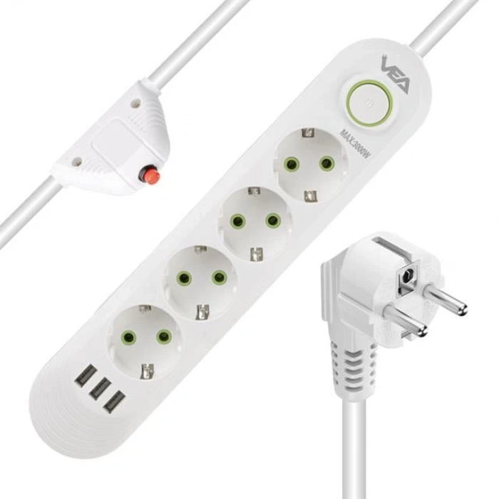 Vea VA-21560 4lü 3 USBli 1.5 Metre Akım Korumalı Priz Beyaz