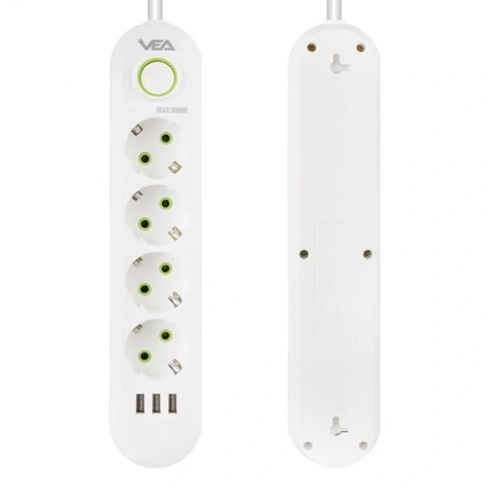 Vea VA-21560 4lü 3 USBli 1.5 Metre Akım Korumalı Priz Beyaz