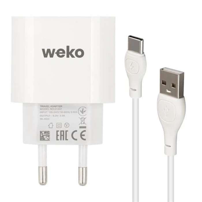 Weko WK-21442 PDU QC 3.0 Amper Telefon Şarj Başlık Adaptörü + Type-C Kablo