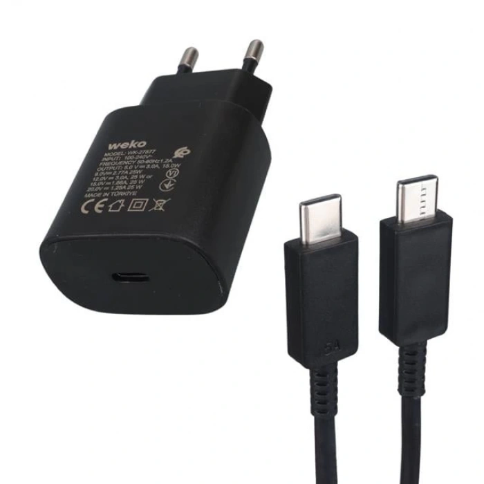 Weko WK-27877 Note10 Siyah 25 Watt Şarj Başlık Adaptörü + Type-C To Type-C Kablo
