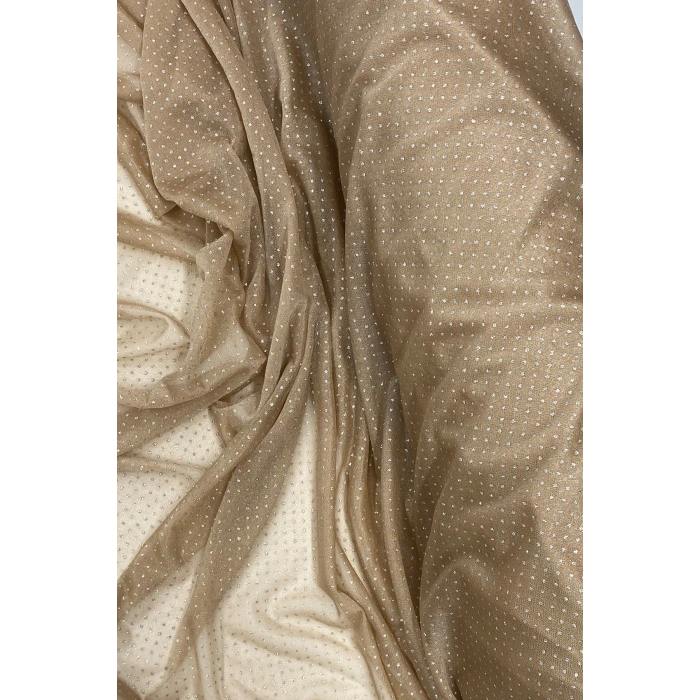Yağmur Damlası Simli Abiye Elbise Şallık Tül Kumaş Açık Gold 28-a