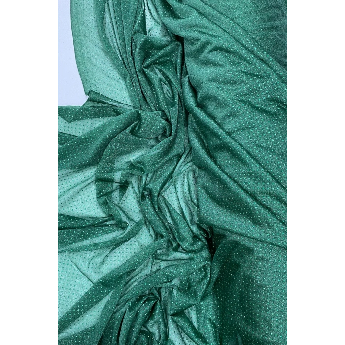 Yağmur Damlası Simli Abiye Elbise Şallık Tül Kumaş Zümrüt Yeşili 41-k