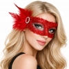 HarmonyAura Kırmızı Taşlı Venedik Parti Maskesi – Tüylü Payetli