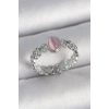 HarmonyAura Pirinç Gümüş Renk Zirkon Taş Detaylı Pembe Mineli Damla Model Ayarlanabilir Kadın Yüzük