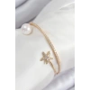 HarmonyAura Pirinç Zirkon Taşlı Yıldız Ve İnci Model Gold Renk Kadın Bileklik