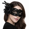 HarmonyAura Siyah Venedik Parti Maskesi – Çiçekli Tüylü Payetli