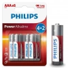 Philips LR03P6BP/10 LR03 Micro 1.5 Volt 4+2 Power Alkaline AAA İnce Kalem Pil (6lı Paket)