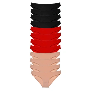 12 Adet Süper Eko Set Likralı Kadın Slip Külot Siyah Kırmızı Ten