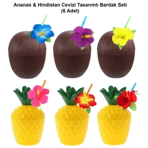 Ananas  Hindistan Cevizi Tasarımlı Pipetli Bardak Seti (6 Adet)