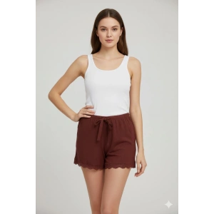 Bambu Fitilli Kadın Ev Şortu Bacak Dantel Detaylı Ev Giyim Koyu Taba