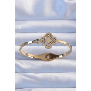 HarmonyAura 316L Çelik Altın Renk Zirkon Taşlı Simli Yonca Kelepçe