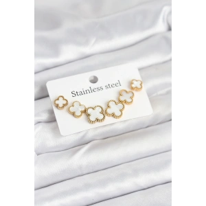 HarmonyAura 316L Çelik Gold Beyaz Renk 3 Boy Yonca Küpe Seti