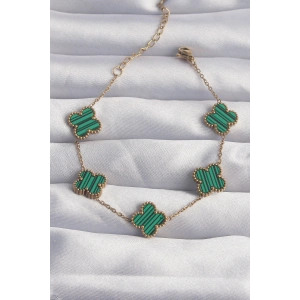 HarmonyAura 316L Çelik Gold Renk Çizgili Yeşil Mineli Yonca Bileklik