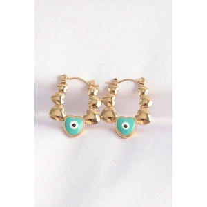 HarmonyAura 316L Çelik Gold Renk Mavi Nazarlı Kalpli Model Küpe