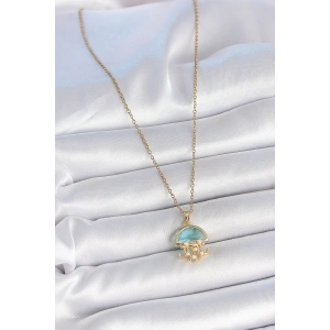 HarmonyAura 316L Çelik Gold Renk Mavi Taşlı Deniz Anası Model İnci Detay Kadın Kolye