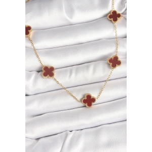 HarmonyAura 316L Çelik Gold Renk Zincir Bordo Yonca Model Kadın Kolye