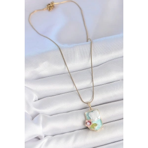 HarmonyAura 316L Çelik Gold Renk Zincir Mavi Mineli İncili Çiçek İşlemeli Portre Model Kadın Kolye