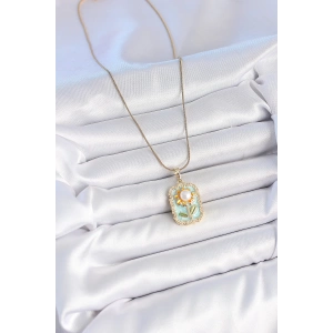HarmonyAura 316L Çelik Gold Renk Zincir Mavi Mineli İncili Papatya İşlemeli Portre Model Kadın Kolye