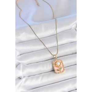 HarmonyAura 316L Çelik Gold Renk Zincir Pembe Mineli İncli Papatya Model Portre Model Kadın Kolye
