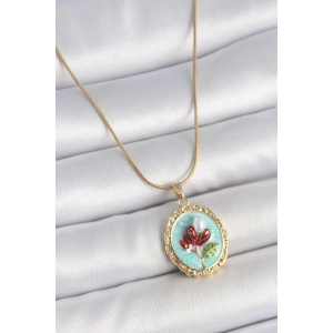 HarmonyAura 316L Çelik Gold Renk Zincir Turkuaz Mineli İncili Çiçek İşlemeli Portre Model Kadın Kolye