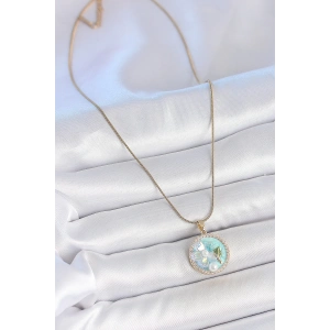 HarmonyAura 316L Çelik Gold Renk Zincir Zirkon Taş Detaylı Mavi Mineli Çiçek İşlemeli İnci Detay Kadın Kolye