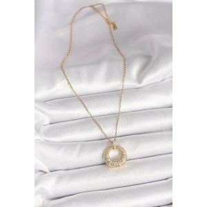 HarmonyAura 316L Çelik Gold Renk Zincir Zirkon Taş İşlemeli Daire Model Kadın Kolye