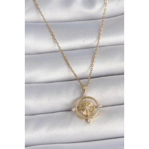 HarmonyAura 316L Çelik Gold Renk Zincir Zirkon Taşlı Pusula Model Kadın Kolye