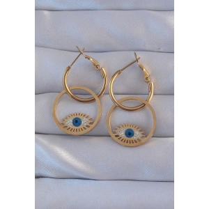 HarmonyAura 316L Çelik Gold Renk Zirkon Taşlı Mavi Göz Tasarımlı Halka Küpe