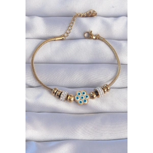 HarmonyAura 316L Çelik Gold Renk Zirkon Taşlı Nazarlı Çiçek Tasarımlı Bileklik