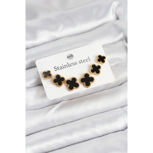 HarmonyAura 316L Çelik Gold Siyah Renk 3 Boy Yonca Küpe Seti