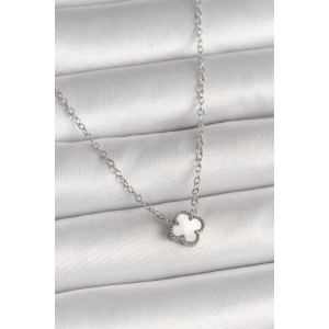 HarmonyAura 316L Çelik Gümüş Renk Beyaz Yonca Model Kadın Kolye