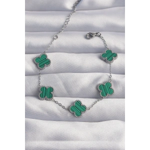 HarmonyAura 316L Çelik Gümüş Renk Çizgili Yeşil Mineli Yonca Bileklik