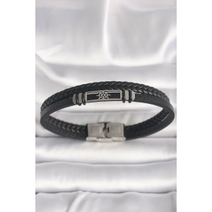 HarmonyAura 316L Çelik Gümüş Renk Gemi Dümeni Figür Siyah Burgu Deri Kordon Model Erkek Bileklik