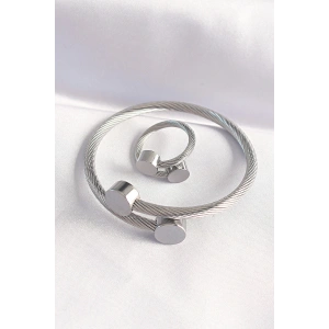 HarmonyAura 316L Çelik Gümüş Renk Oval Aksesuarlı Burgu Model Bileklik ve Yüzük Kombini